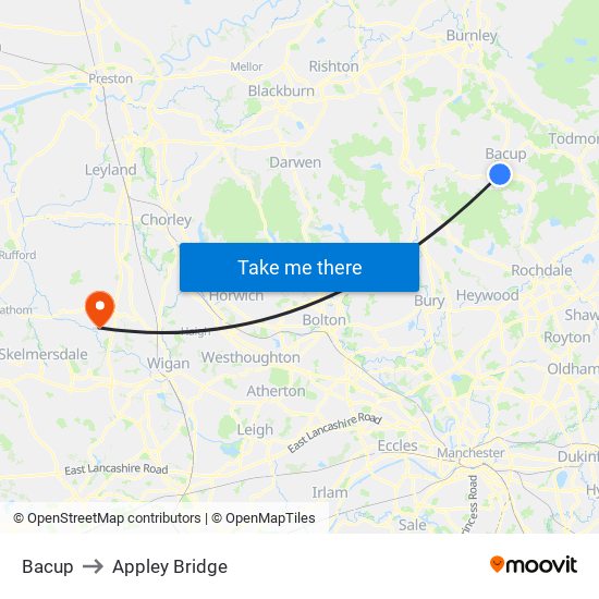 Bacup to Appley Bridge map