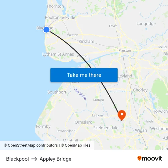 Blackpool to Appley Bridge map