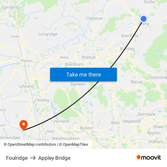 Foulridge to Appley Bridge map