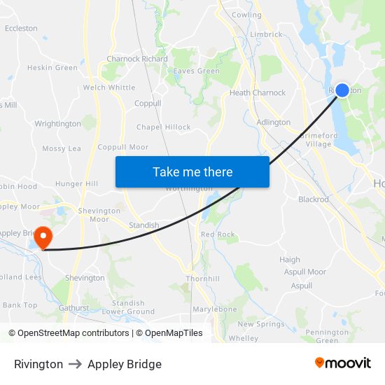 Rivington to Appley Bridge map