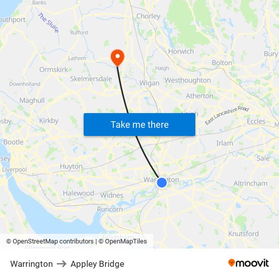 Warrington to Appley Bridge map