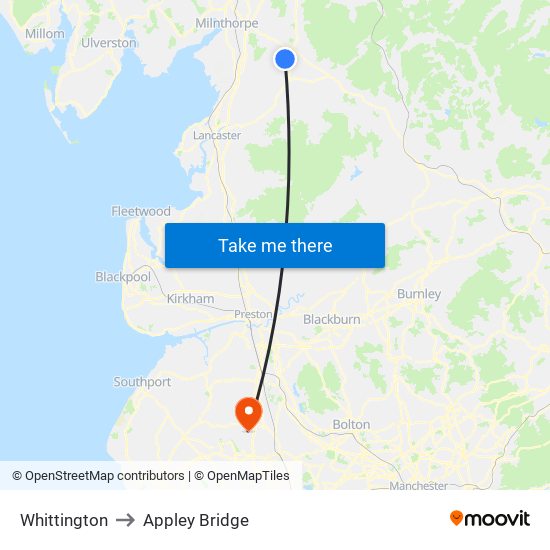 Whittington to Appley Bridge map