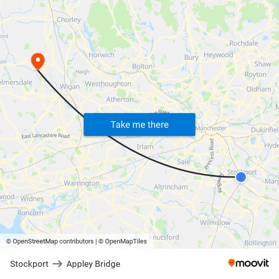 Stockport to Appley Bridge map