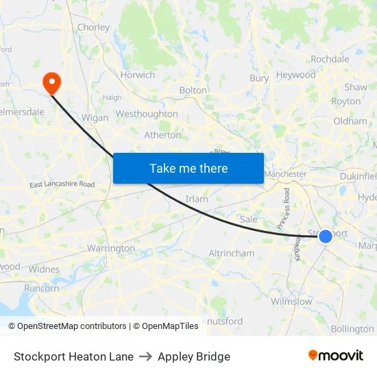 Stockport Heaton Lane to Appley Bridge map