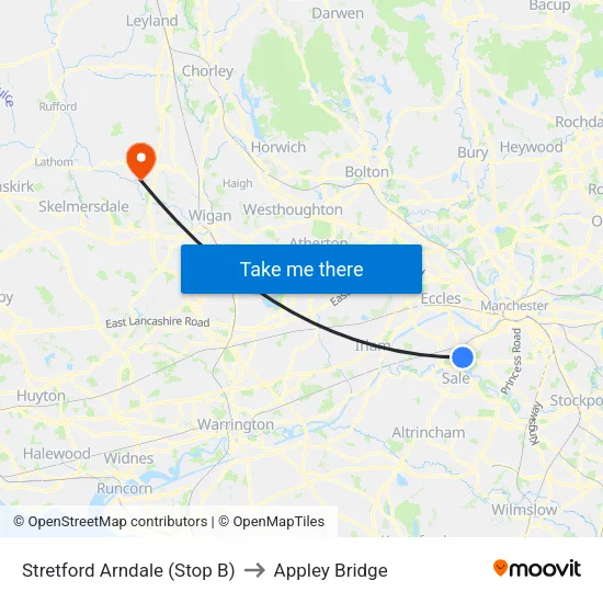 Stretford Mall to Appley Bridge map