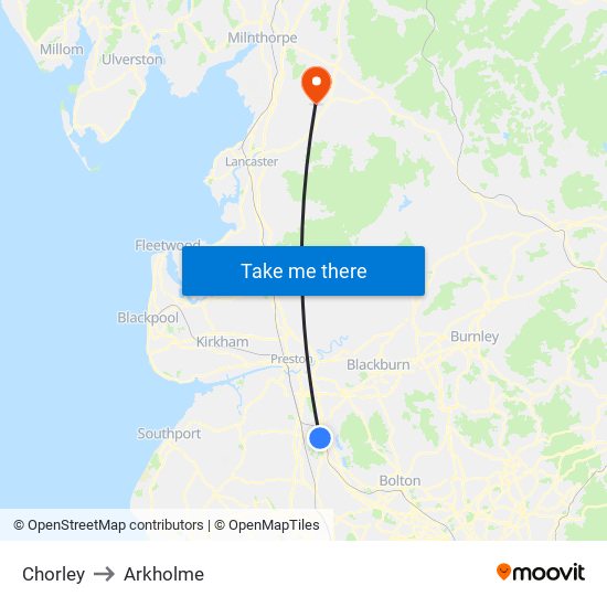 Chorley to Arkholme map