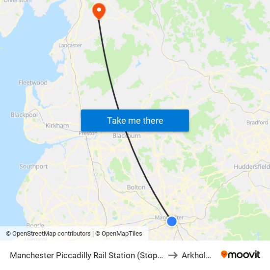 Manchester Piccadilly Rail Station (Stop A) to Arkholme map