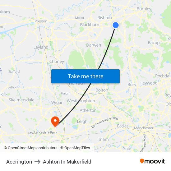 Accrington to Ashton In Makerfield map