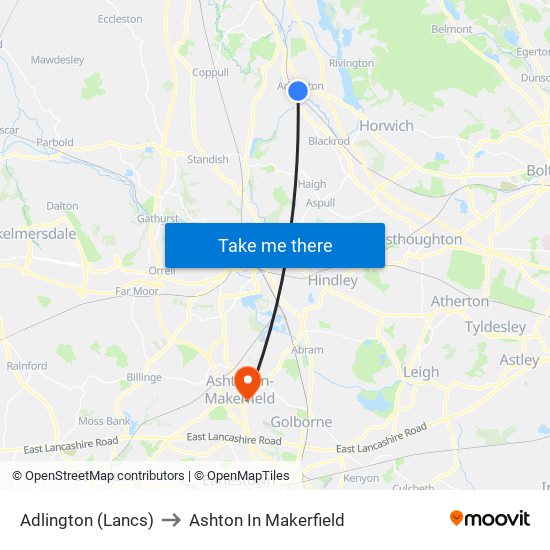 Adlington (Lancs) to Ashton In Makerfield map