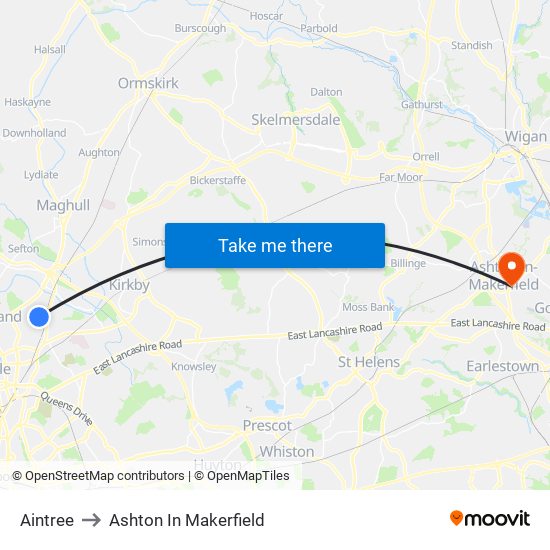 Aintree to Ashton In Makerfield map