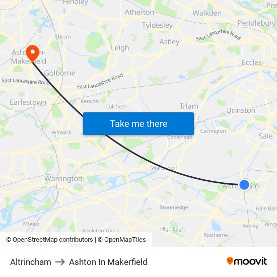 Altrincham to Ashton In Makerfield map