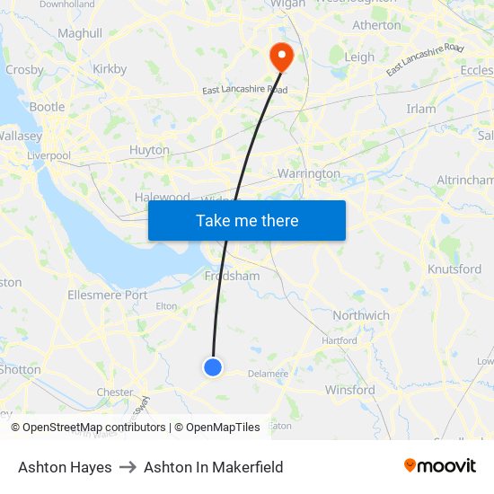 Ashton Hayes to Ashton In Makerfield map