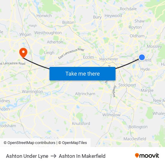 Ashton Under Lyne to Ashton In Makerfield map