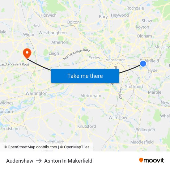 Audenshaw to Ashton In Makerfield map