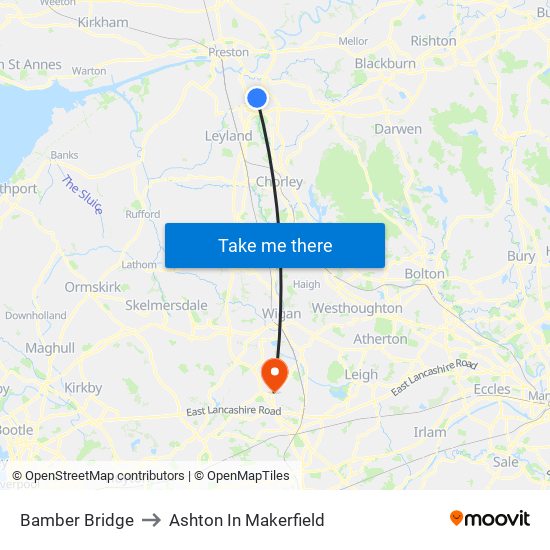 Bamber Bridge to Ashton In Makerfield map