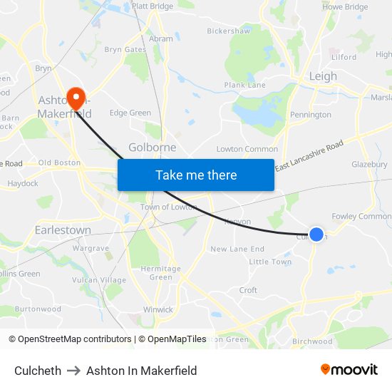 Culcheth to Ashton In Makerfield map