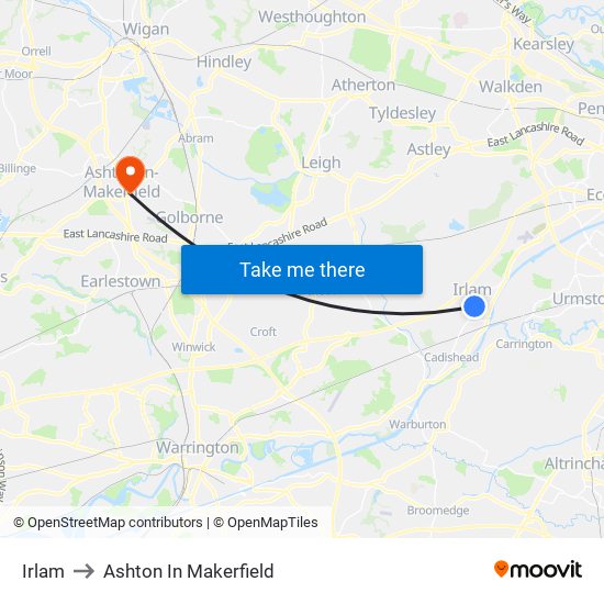 Irlam to Ashton In Makerfield map