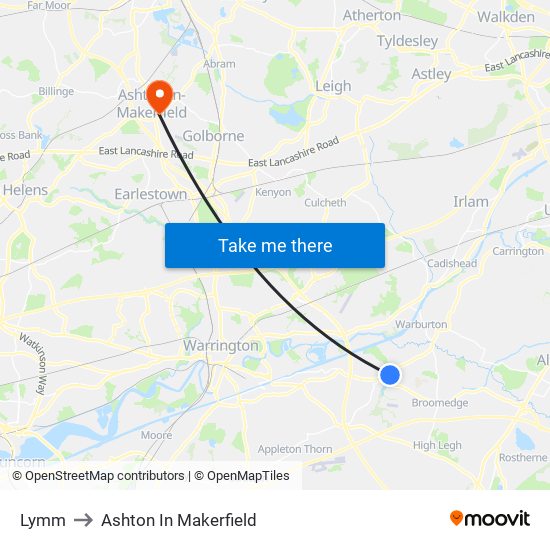Lymm to Ashton In Makerfield map