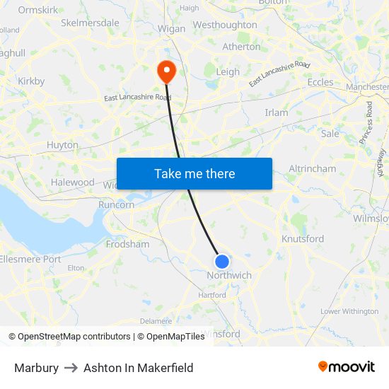 Marbury to Ashton In Makerfield map