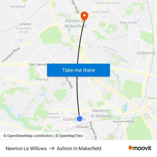 Newton Le Willows to Ashton In Makerfield map