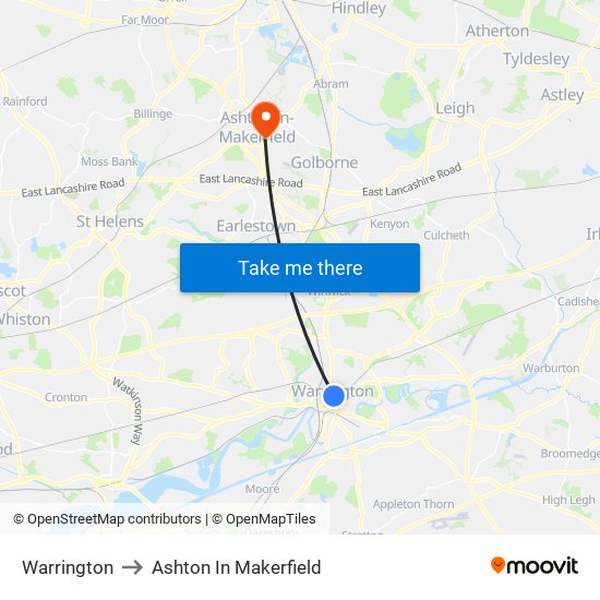 Warrington to Ashton In Makerfield map