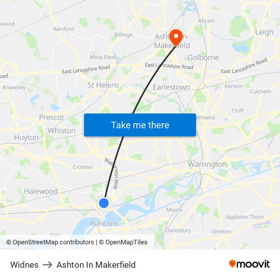 Widnes to Ashton In Makerfield map