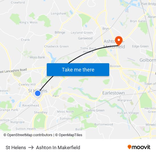 St Helens to Ashton In Makerfield map