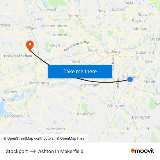 Stockport to Ashton In Makerfield map