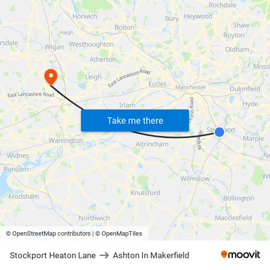 Stockport Heaton Lane to Ashton In Makerfield map