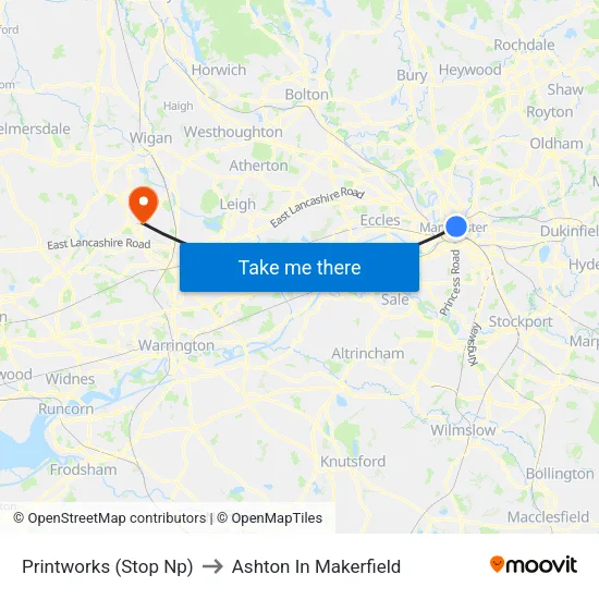 Printworks to Ashton In Makerfield map