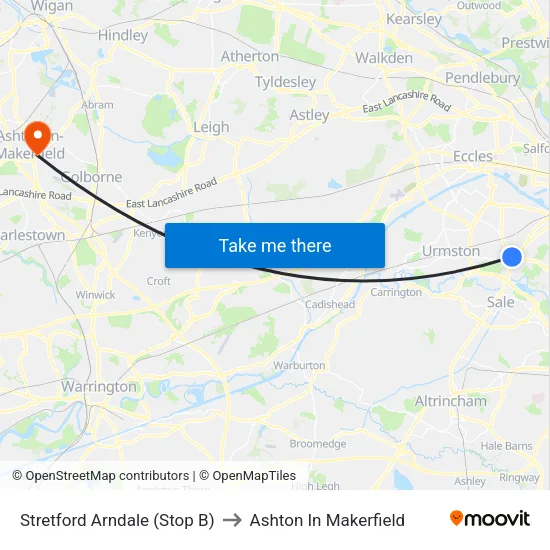 Stretford Mall to Ashton In Makerfield map