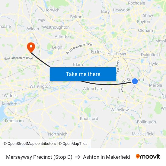 Merseyway Precinct (Stop D) to Ashton In Makerfield map