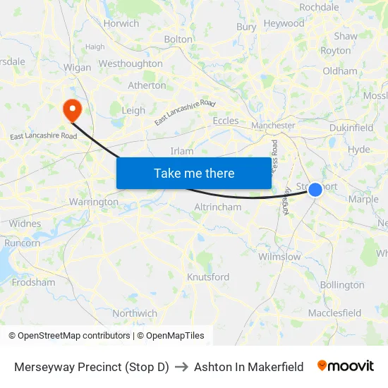 Merseyway Precinct (Stop D) to Ashton In Makerfield map