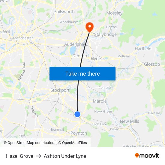 Hazel Grove to Ashton Under Lyne map