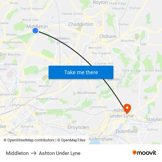 Middleton to Ashton Under Lyne map