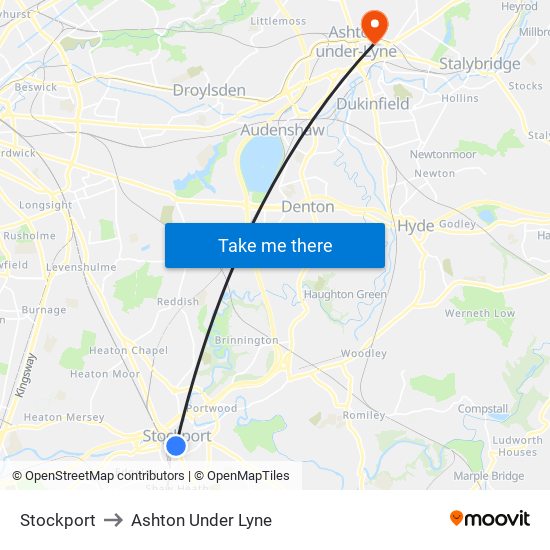 Stockport to Ashton Under Lyne map