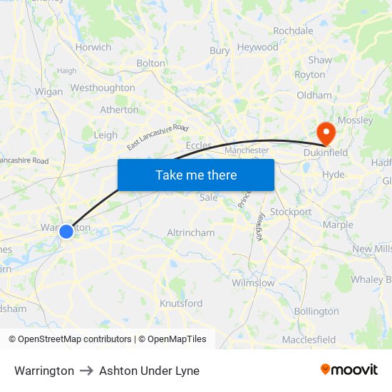 Warrington to Ashton Under Lyne map