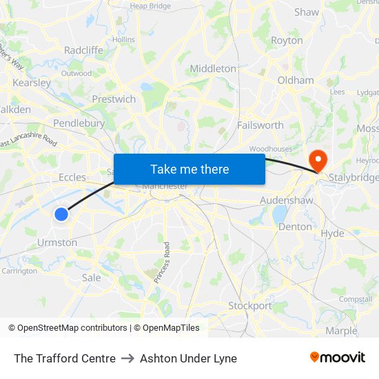 The Trafford Centre to Ashton Under Lyne map