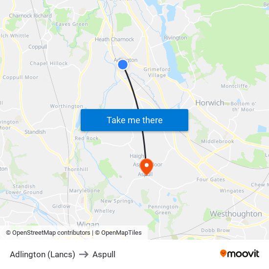 Adlington (Lancs) to Aspull map