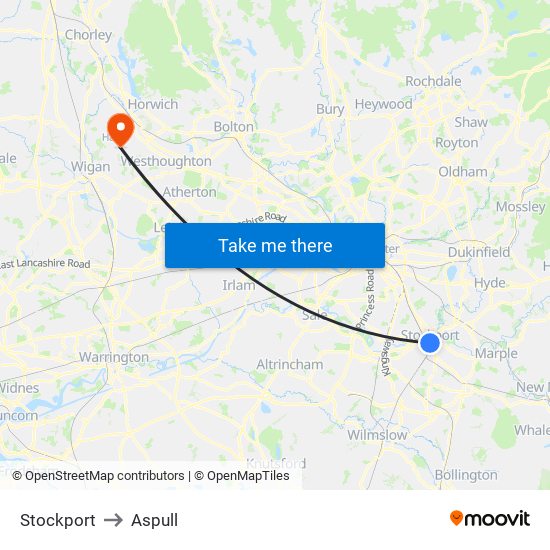 Stockport to Aspull map