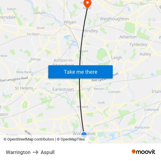 Warrington to Aspull map