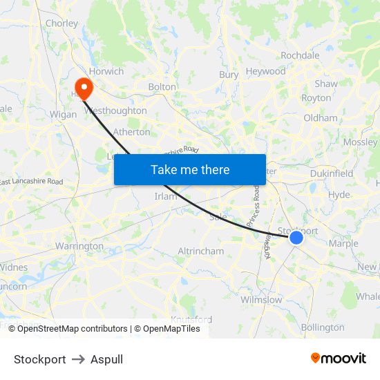 Stockport to Aspull map