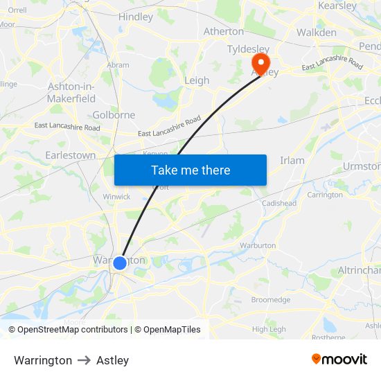Warrington to Astley map