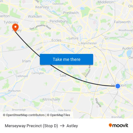 Merseyway Precinct (Stop D) to Astley map