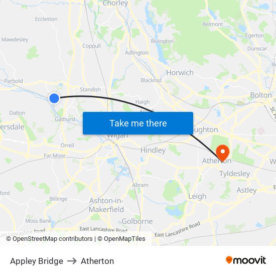 Appley Bridge to Atherton map