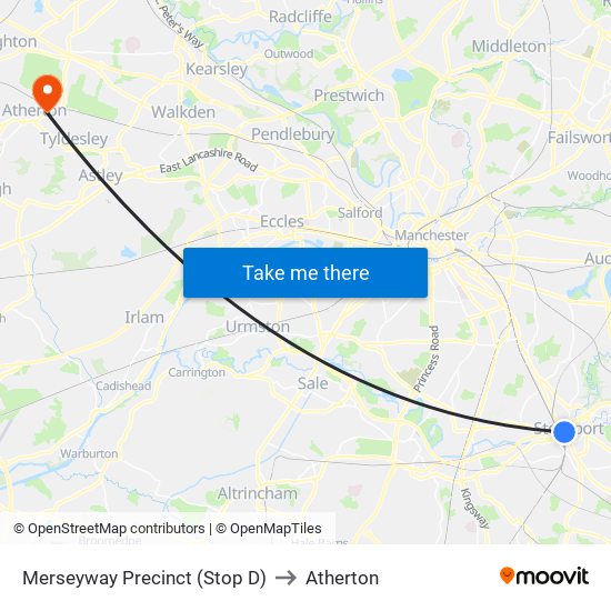 Merseyway Precinct (Stop D) to Atherton map