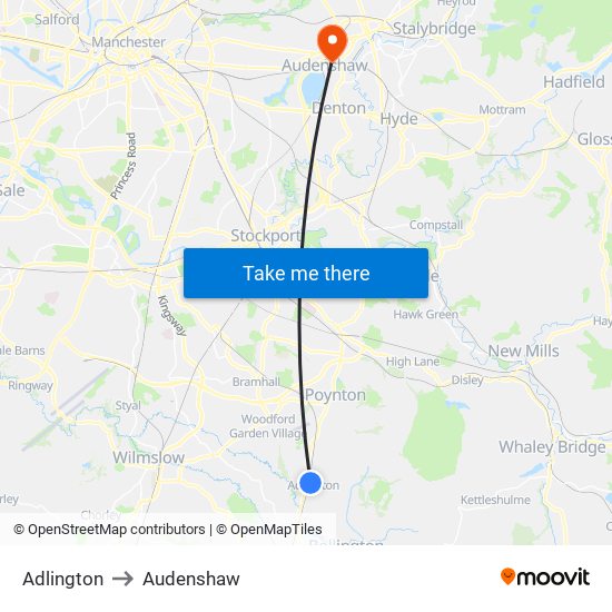 Adlington to Audenshaw map