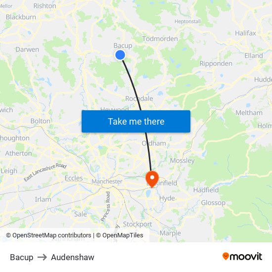 Bacup to Audenshaw map
