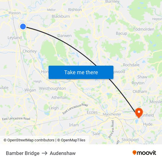 Bamber Bridge to Audenshaw map