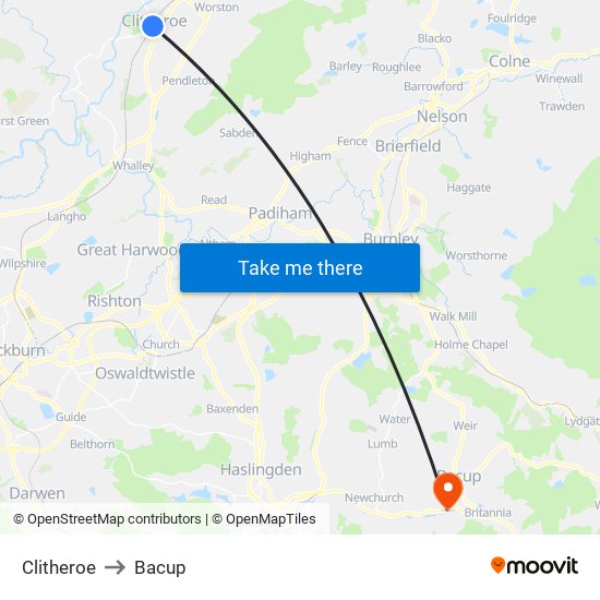Clitheroe to Bacup map